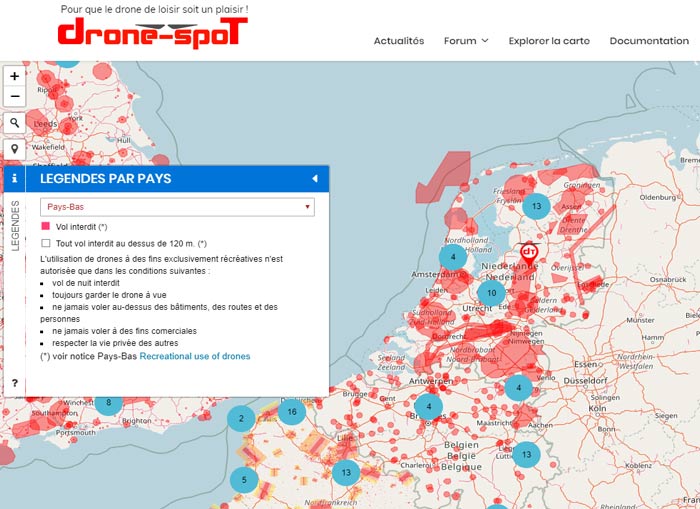 Carte des zones aériennes pour drone en Hollande