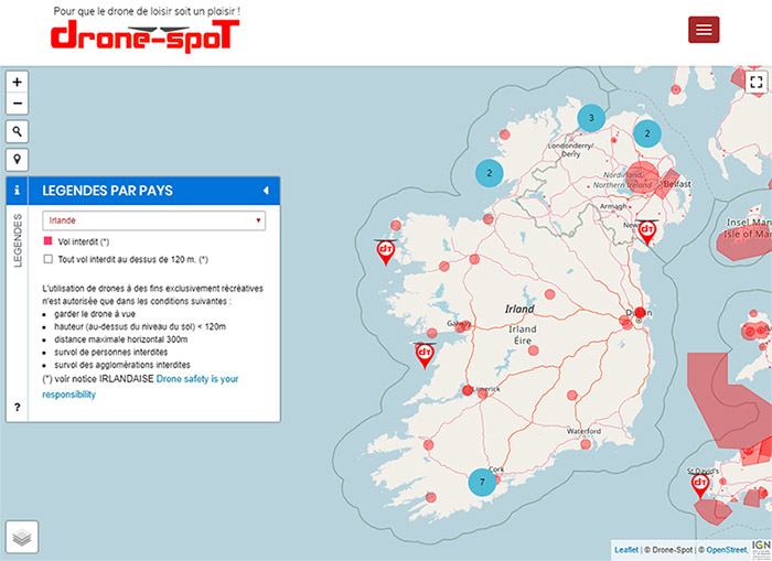 Carte des zones aériennes pour drone en Irlande