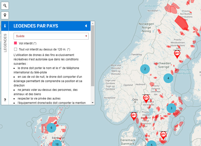 Carte des zones aériennes pour drone en Suède