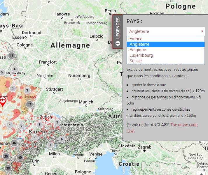 Légendes des zones aériennes pour drone à l'étranger