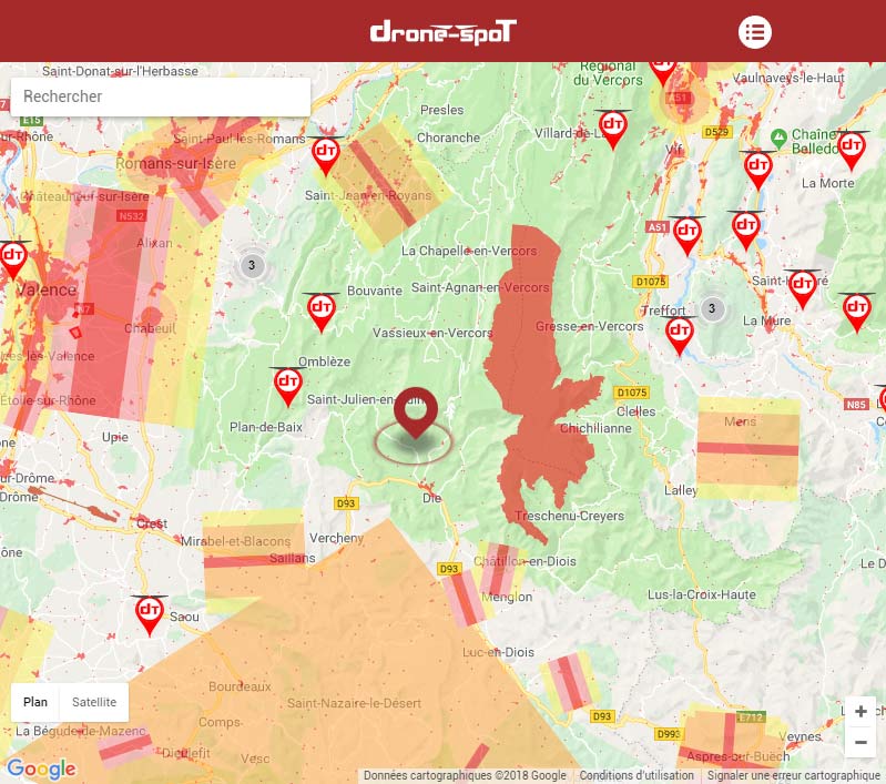 Appllication Drone-Spot vous positionne et vous donne les spots drone aux alentours